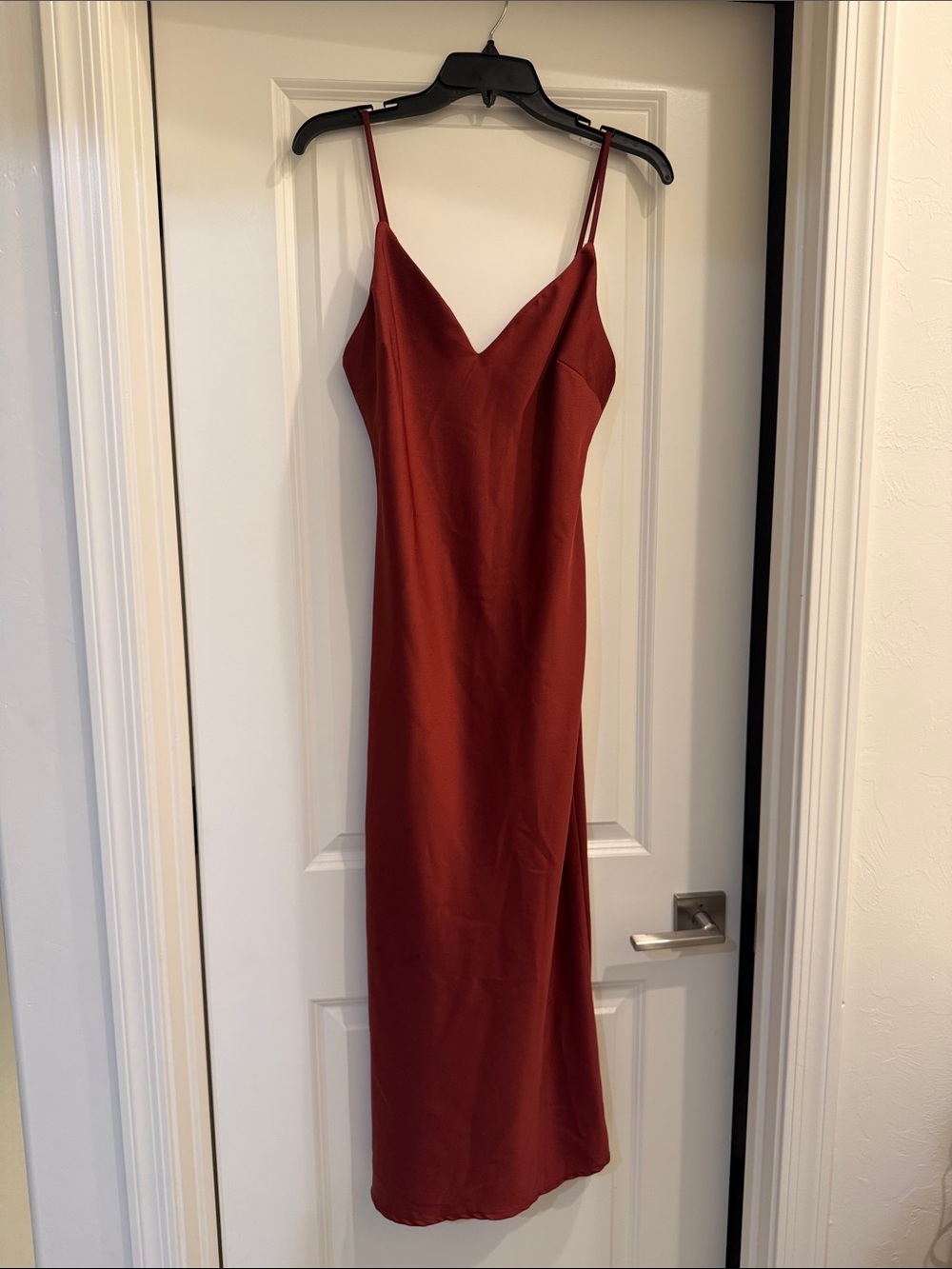 Satin Slip Midi Dress in Rust Red
